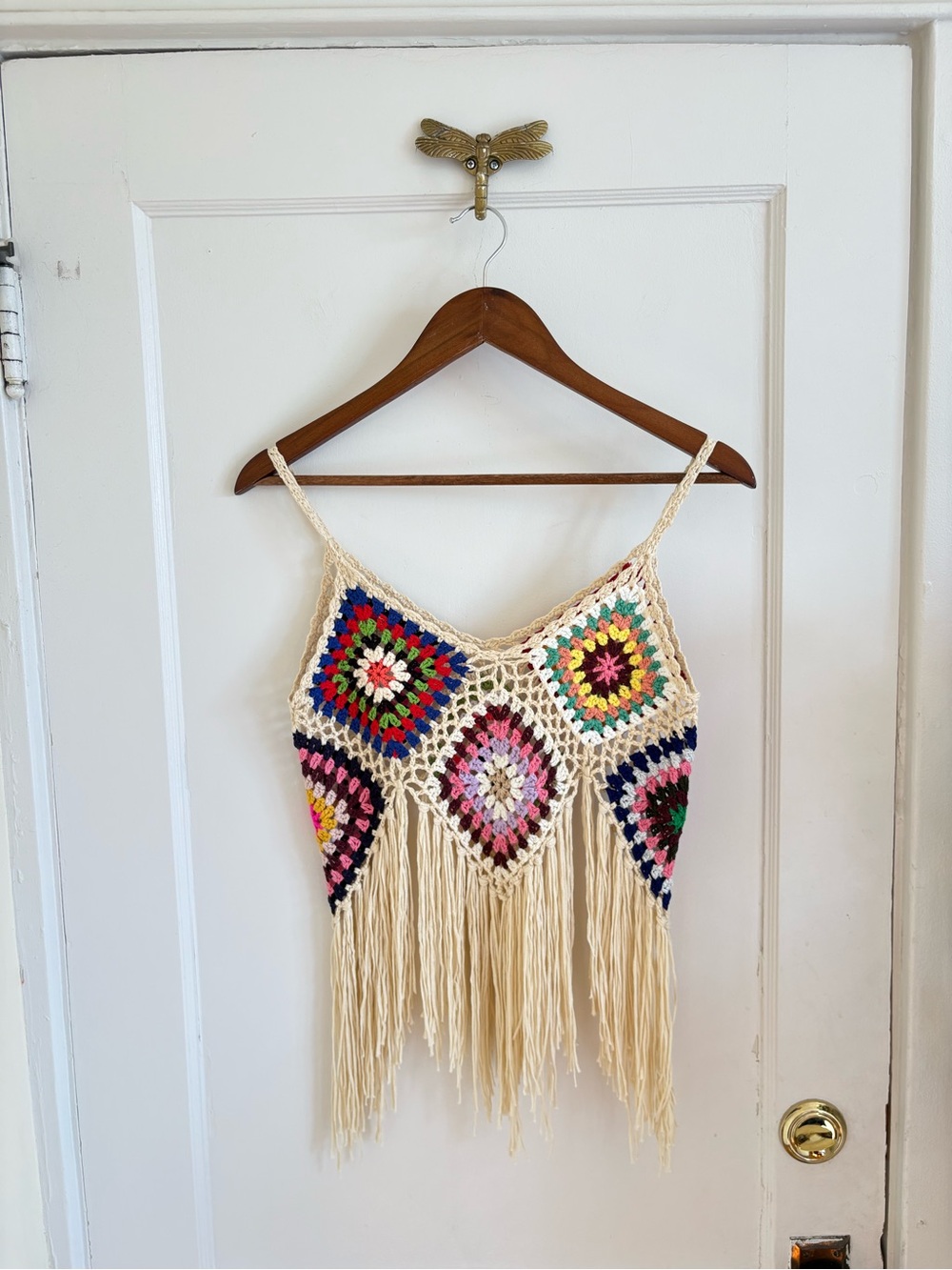 Crochet Granny Square Multicolor Top One Size Bohemian Festival Fringe